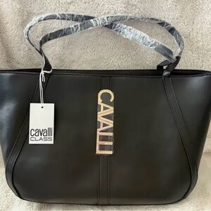 Cavalli Class Elegant Black Tote with Gold Logo